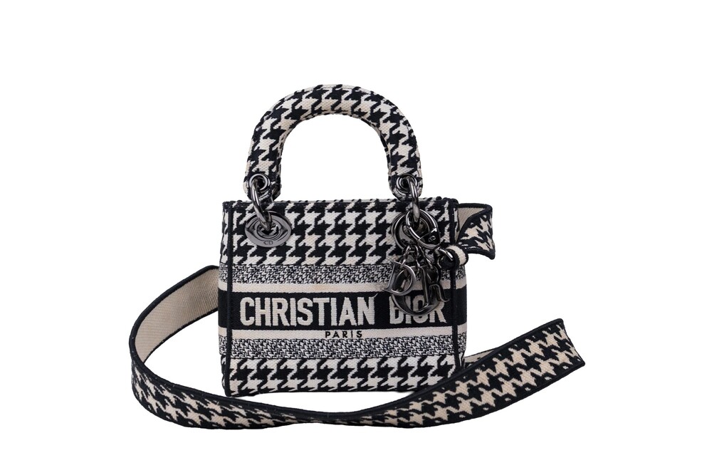 Christian Dior Black White Houndstooth Embroidered Canvas Lady D-Lite Handbag wi